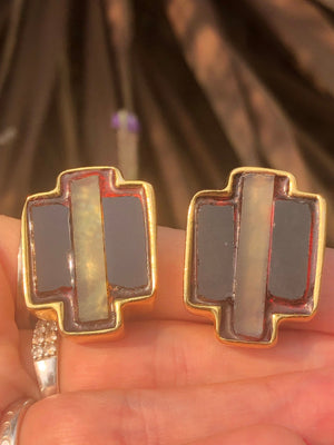 Vintage designer Donna Karan and company DKCo Gold tone glass enamel cross earrings unusual and unique. Cocktail/costume High end clip on