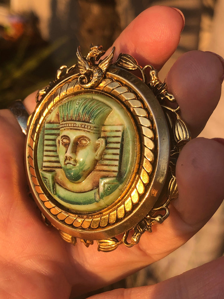 Antique Egyptian Revival Gold Filled Brooch Czechoslovakian Glass Green  Man - Face Dragon Possibly Neiger Bro’s Vintage