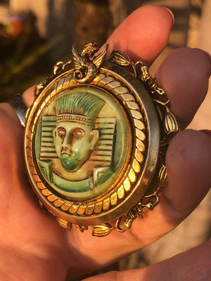 Antique Egyptian Revival Gold Filled Brooch Czechoslovakian Glass Green  Man - Face Dragon Possibly Neiger Bro’s Vintage