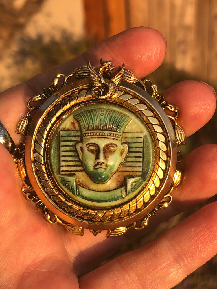 Antique Egyptian Revival Gold Filled Brooch Czechoslovakian Glass Green  Man - Face Dragon Possibly Neiger Bro’s Vintage