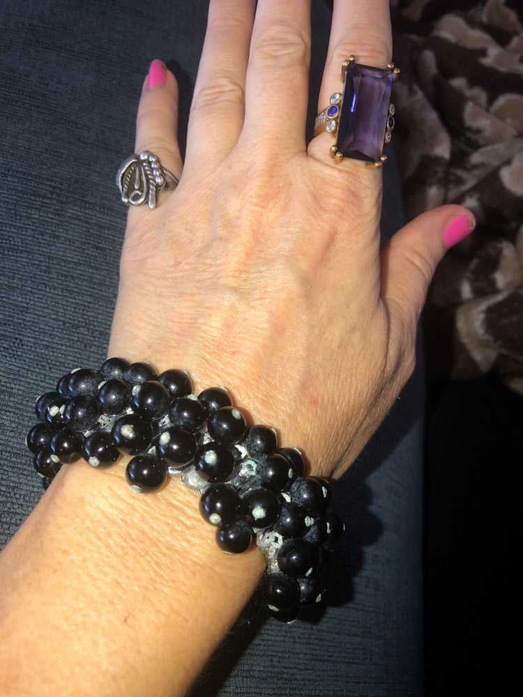 Vintage antique black glass ball beaded expansion bracelet and clip on earrings made in Japan costume cocktail set