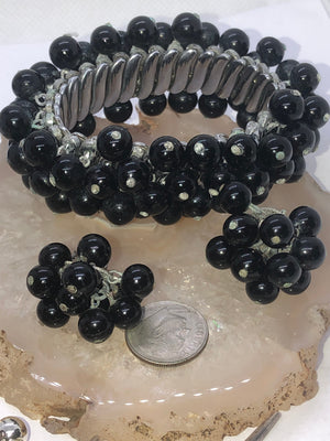 Vintage antique black glass ball beaded expansion bracelet and clip on earrings made in Japan costume cocktail set
