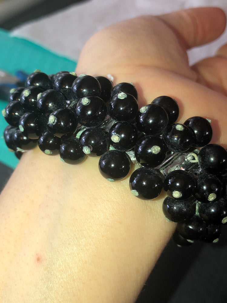 Vintage antique black glass ball beaded expansion bracelet and clip on earrings made in Japan costume cocktail set