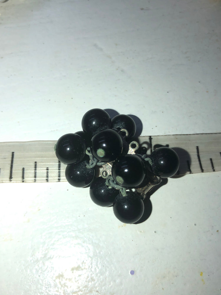 Vintage antique black glass ball beaded expansion bracelet and clip on earrings made in Japan costume cocktail set
