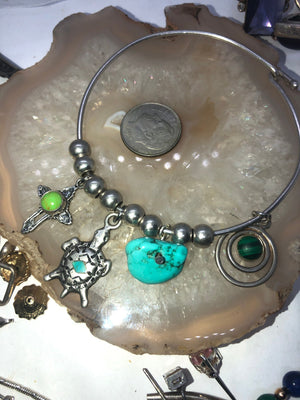 Vintage sterling silver bangle bracelet native American southwestern charms Navajo pearls Zuni turtle turquoise cross malachite