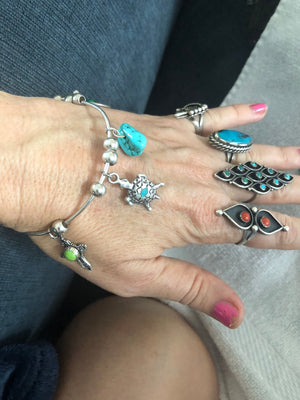 Vintage sterling silver bangle bracelet native American southwestern charms Navajo pearls Zuni turtle turquoise cross malachite