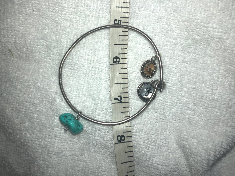 Vintage Sterling Silver Bangle Bracelet Southwestern with Charms Turquoise Mother of Pearl Agate Charms 925