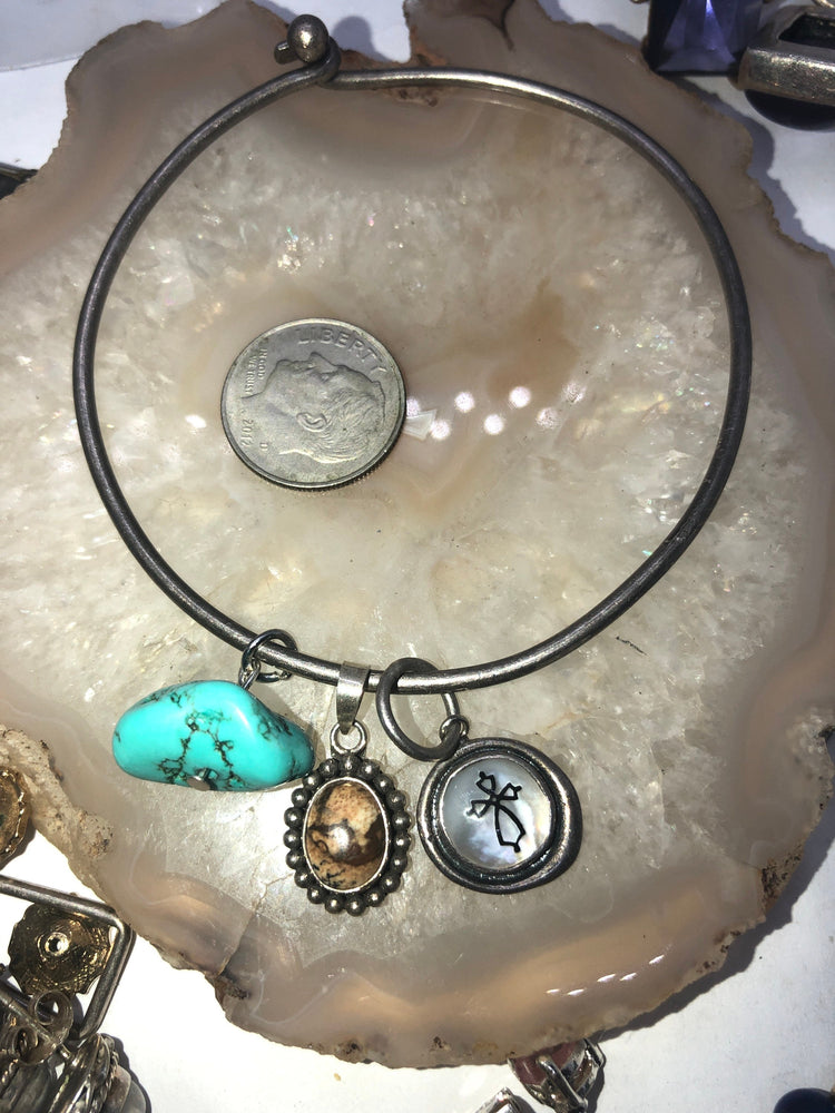 Vintage Sterling Silver Bangle Bracelet Southwestern with Charms Turquoise Mother of Pearl Agate Charms 925