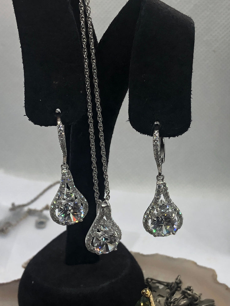 Beautiful FZN Simulated Diamonds/CZ Earrings & Pendant/Necklace with Chain Sterling Silver 925 Absolutely Stunning