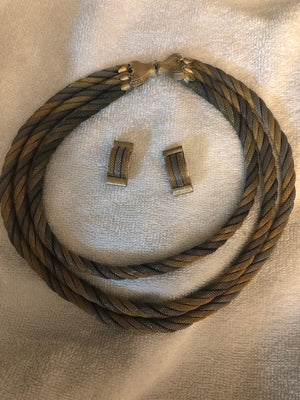 Vintage designer Napier costume thick rope chain necklace and clip on earrings mesh multi tone set cocktail very fine