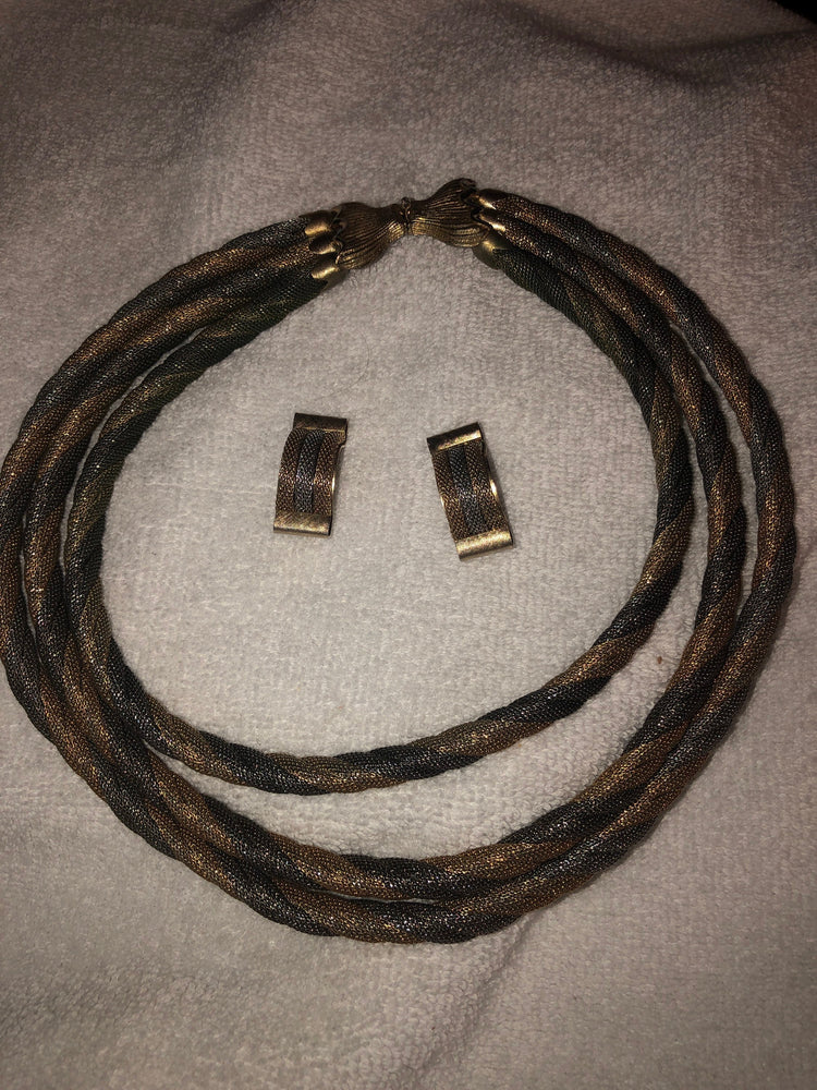 Vintage designer Napier costume thick rope chain necklace and clip on earrings mesh multi tone set cocktail very fine