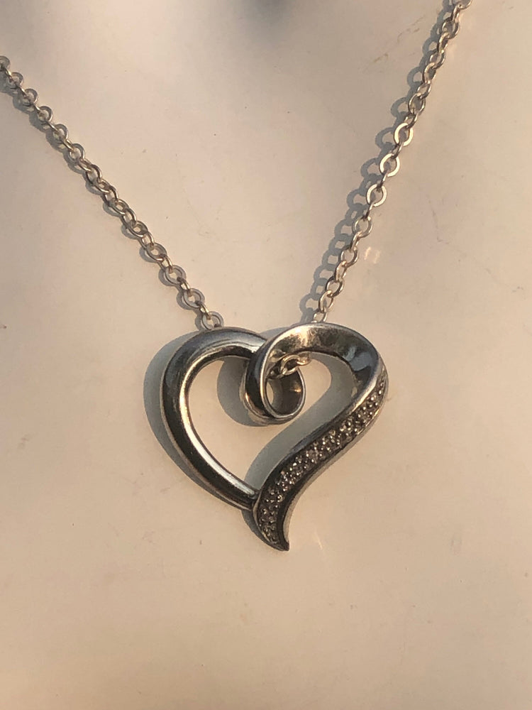 Vintage Beautiful heart sterling silver pendant necklace chain genuine diamonds free shipping!