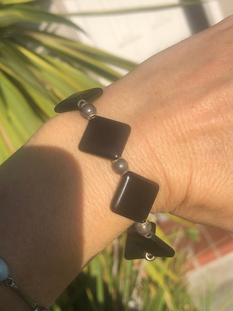 Vintage black onyx sterling silver beaded bracelet and earrings set 925