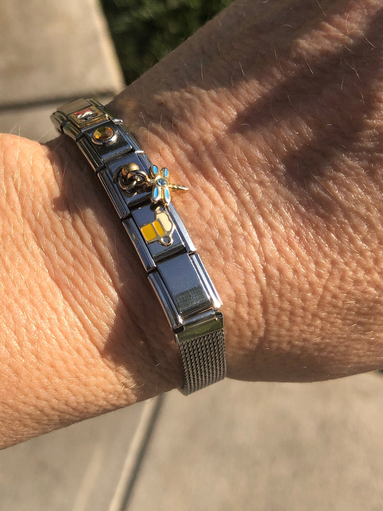 Italian Charms Bracelet Stainless & 18kt Yellow gold Beer mug USA Dragonfly Nominoro Italy Mesh Buckle Bracelet