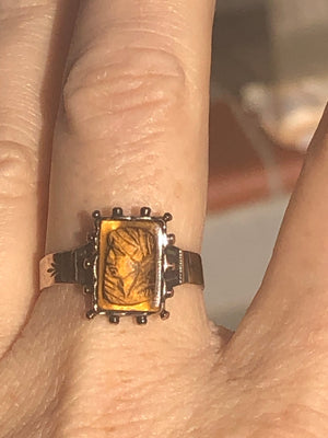 Victorian Carved Tigers eye Gemstone Cameo Roman Lady 10 karat Yellow Gold ring 10kt Beautiful Size 6.5