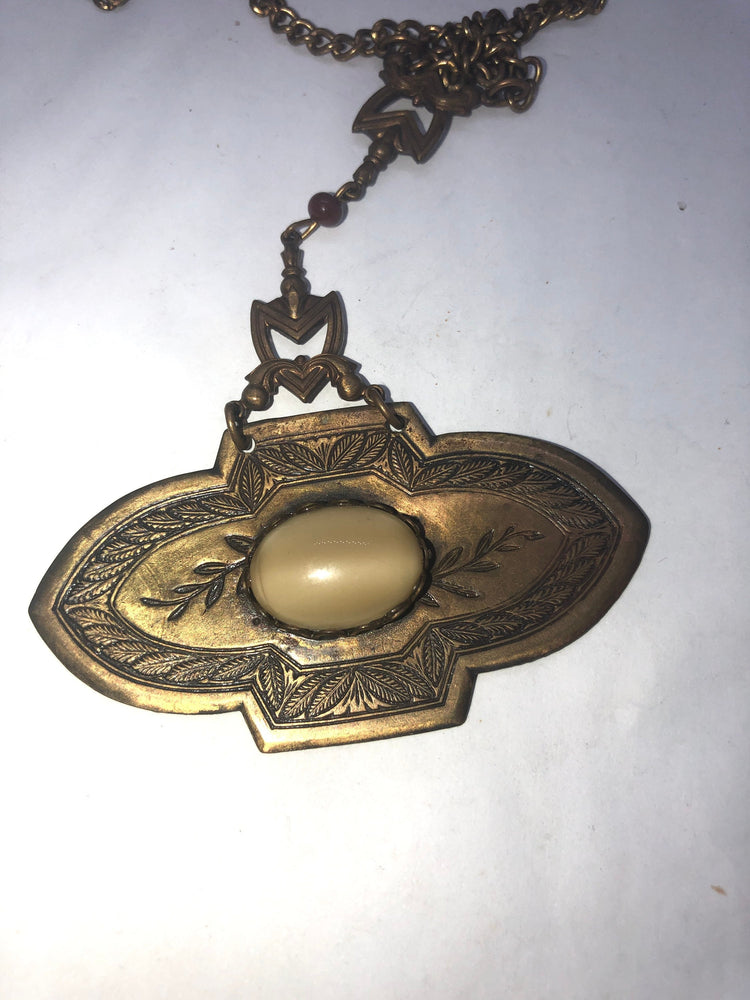 Antique vintage art deco Lavalier pendant necklace brass glass /gemstone beautiful etching Unique and unusual