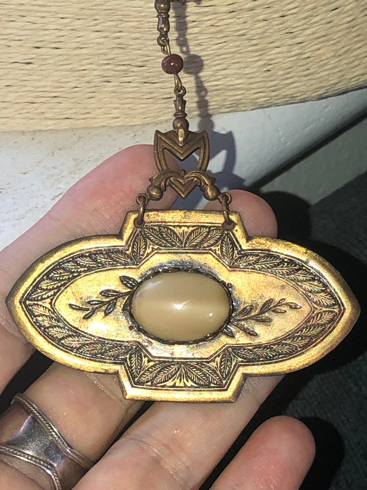 Antique vintage art deco Lavalier pendant necklace brass glass /gemstone beautiful etching Unique and unusual