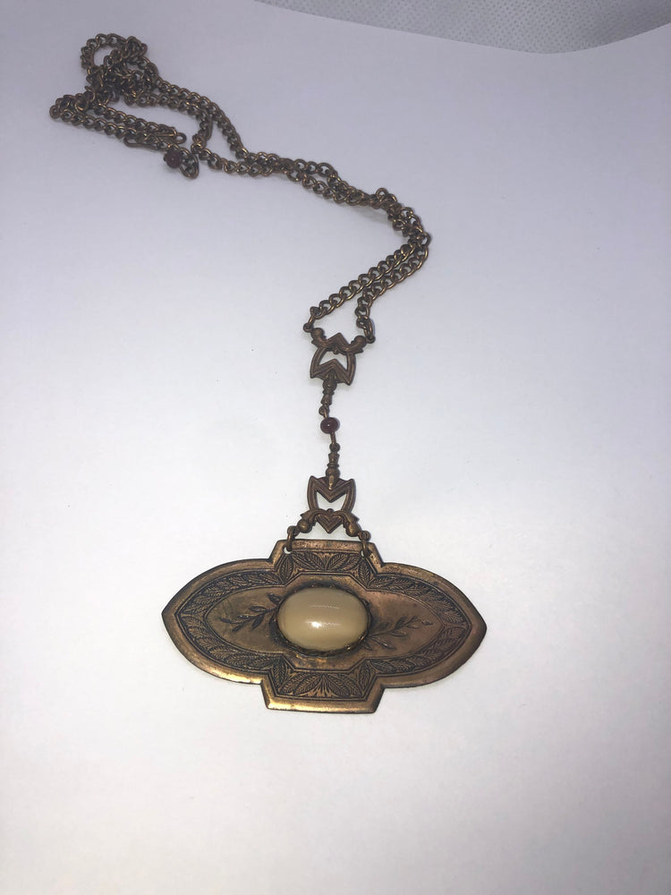 Antique vintage art deco Lavalier pendant necklace brass glass /gemstone beautiful etching Unique and unusual