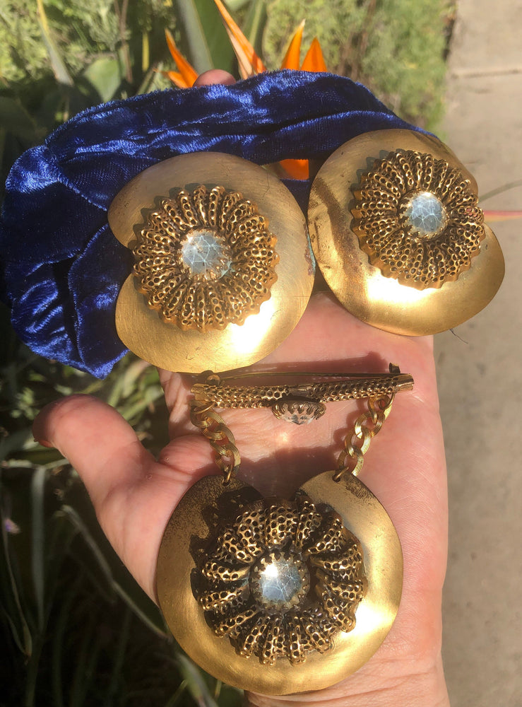1930s Brass Brooch & Velvet Sash Set – Pre-War Theater Jewelry – Non-Foiled Rhinestones – Czech Revival Style – Hand-Sewn Velvet