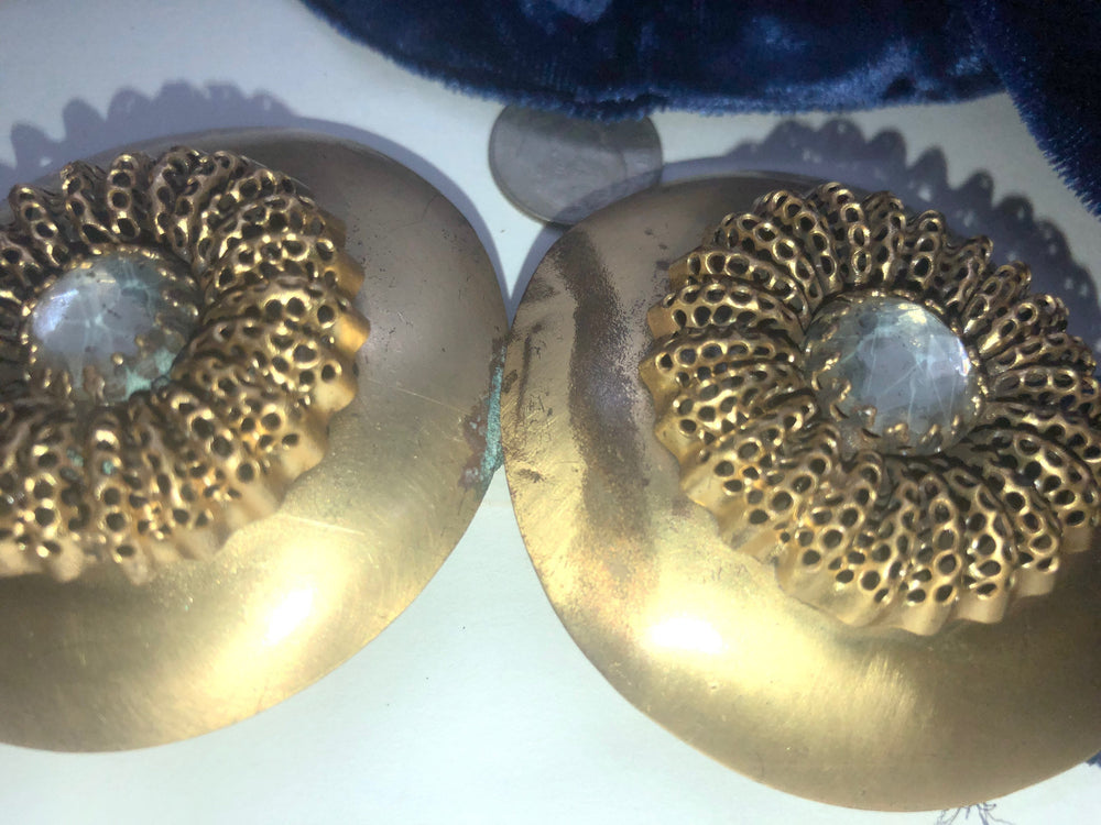 1930s Brass Brooch & Velvet Sash Set – Pre-War Theater Jewelry – Non-Foiled Rhinestones – Czech Revival Style – Hand-Sewn Velvet