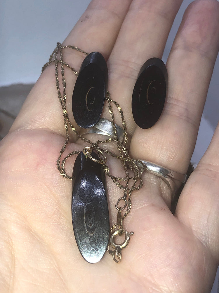 Vintage Antique Black Branch Coral Pendant Necklace Chain & Earrings Set 10 Karat Yellow Gold Post / Bale Hawaiian Rare