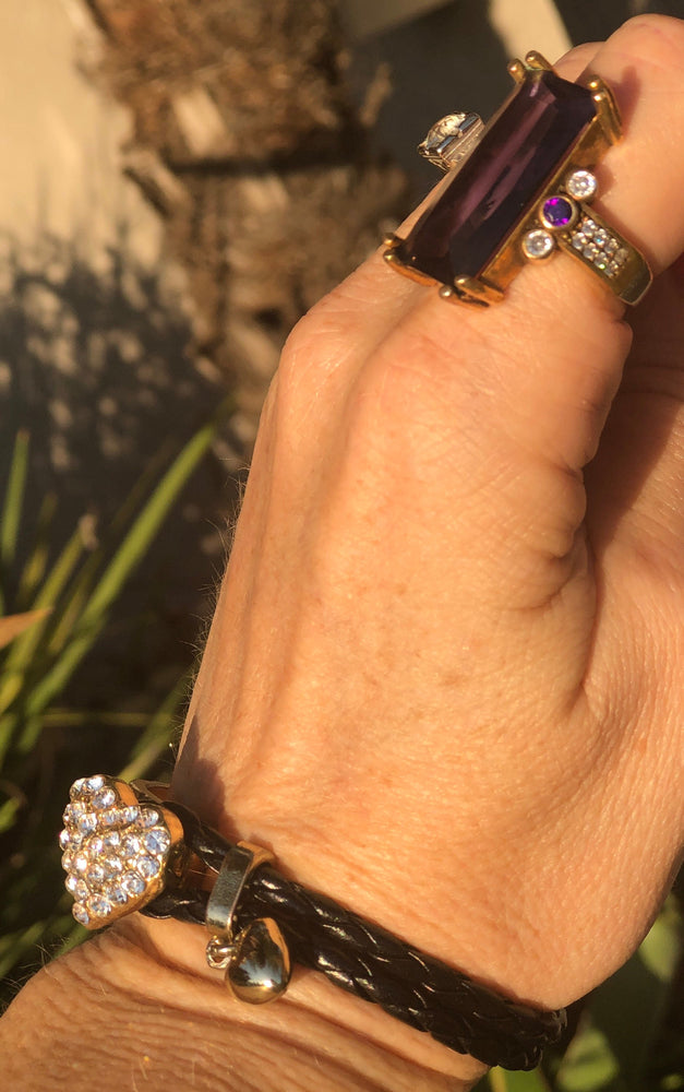 Antique Art Deco Huge Amethyst Art Glass Ring Sterling Silver & Gold with Purple and Clear CZ’s/Rhinestones Size 7