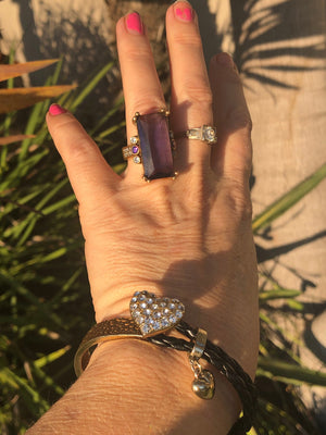 Antique Art Deco Huge Amethyst Art Glass Ring Sterling Silver & Gold with Purple and Clear CZ’s/Rhinestones Size 7