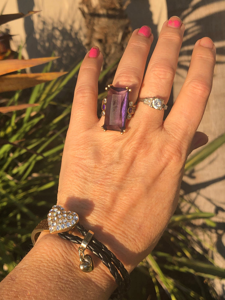 Antique Art Deco Huge Amethyst Art Glass Ring Sterling Silver & Gold with Purple and Clear CZ’s/Rhinestones Size 7