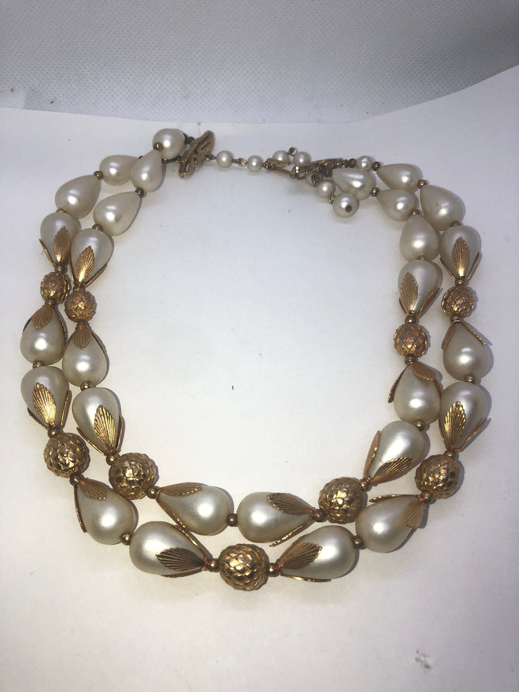 Vintage antique fake pearl Pinecone double strand necklace designer Deauville Costume beautiful