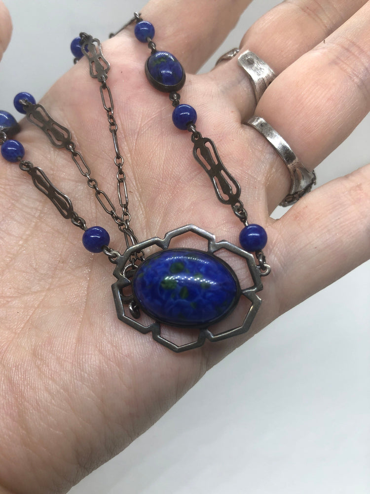 Stunning antique art deco speckled glass Czechoslovakian cobalt blue with green specks / swirls beaded Necklace Sterling silver 17.5 inches