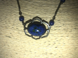 Stunning antique art deco speckled glass Czechoslovakian cobalt blue with green specks / swirls beaded Necklace Sterling silver 17.5 inches