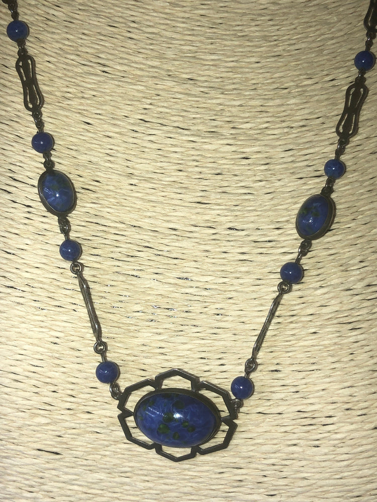 Stunning antique art deco speckled glass Czechoslovakian cobalt blue with green specks / swirls beaded Necklace Sterling silver 17.5 inches