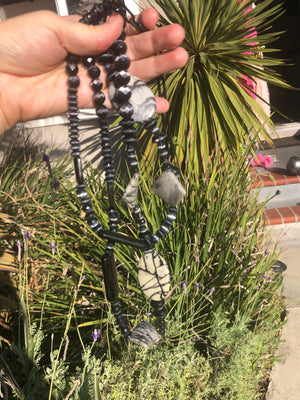 Beautiful designer Erickson Beamon black/gray gemstone Crystals/glass long beaded necklace costume