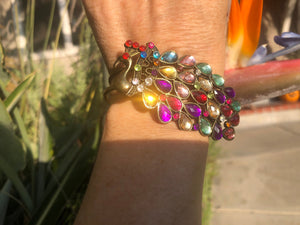 Beautiful multicolor rhinestone peacock clamper bracelet costume cocktail parties holidays brass bangle
