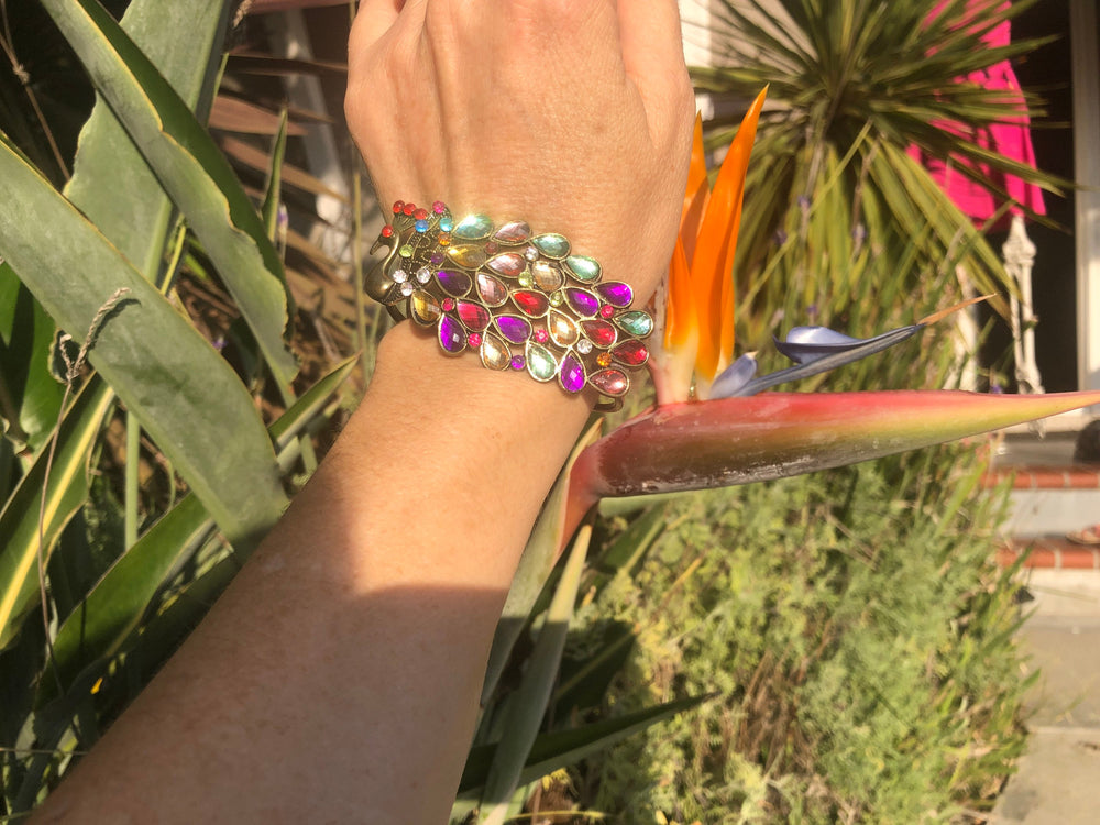 Beautiful multicolor rhinestone peacock clamper bracelet costume cocktail parties holidays brass bangle