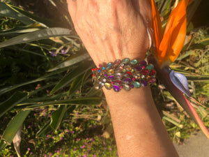 Beautiful multicolor rhinestone peacock clamper bracelet costume cocktail parties holidays brass bangle