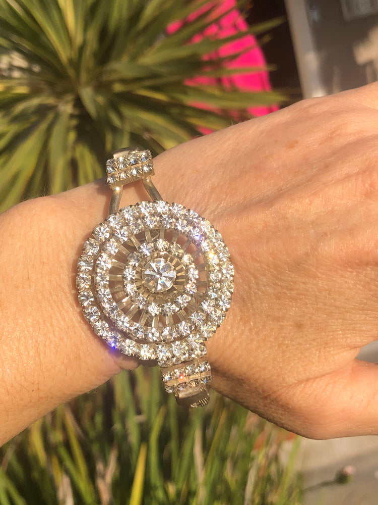 Stunning art deco rhinestone clamper bangle bracelet Silvertone mesh costume cocktail parties holidays Christmas Amazing!!