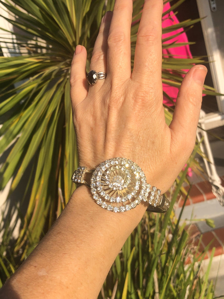 Stunning art deco rhinestone clamper bangle bracelet Silvertone mesh costume cocktail parties holidays Christmas Amazing!!