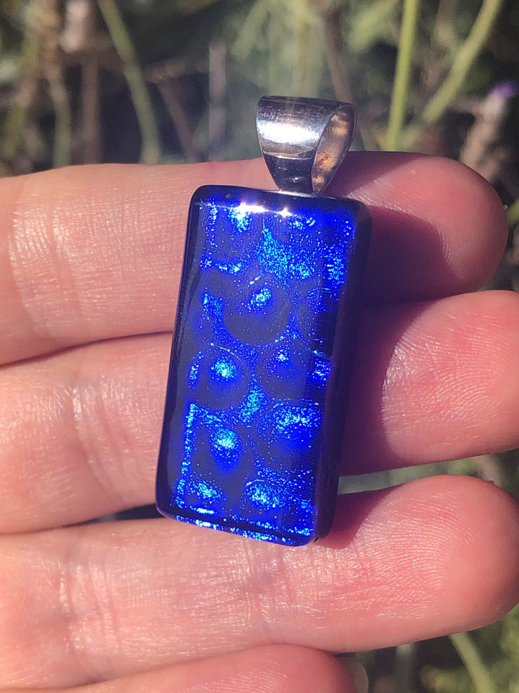 Beautiful Art Glass Pendant Cobalt Blue Sterling Silver Rectangular Modernist 925 Satori