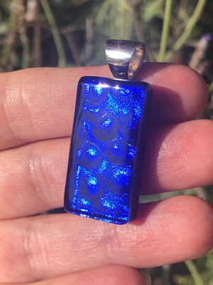 Beautiful Art Glass Pendant Cobalt Blue Sterling Silver Rectangular Modernist 925 Satori