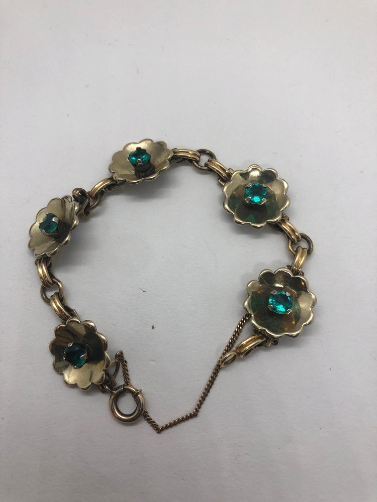 Beautiful Art Deco Antique Green Rhinestones Gold Filled 12kt GF Flowers Link Bracelets Harry Iskin