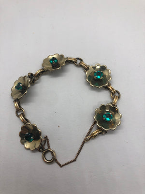 Beautiful Art Deco Antique Green Rhinestones Gold Filled 12kt GF Flowers Link Bracelets Harry Iskin