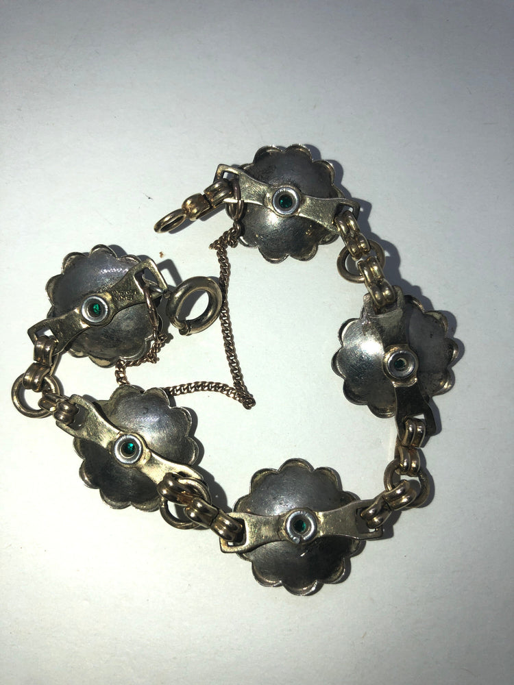 Beautiful Art Deco Antique Green Rhinestones Gold Filled 12kt GF Flowers Link Bracelets Harry Iskin