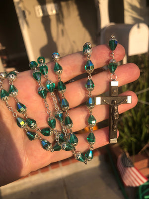 Vintage antique teal green blue faceted glass faceted crystal beaded rosary necklace Silver wood cross crucifix Art Deco Czechoslovakian ?