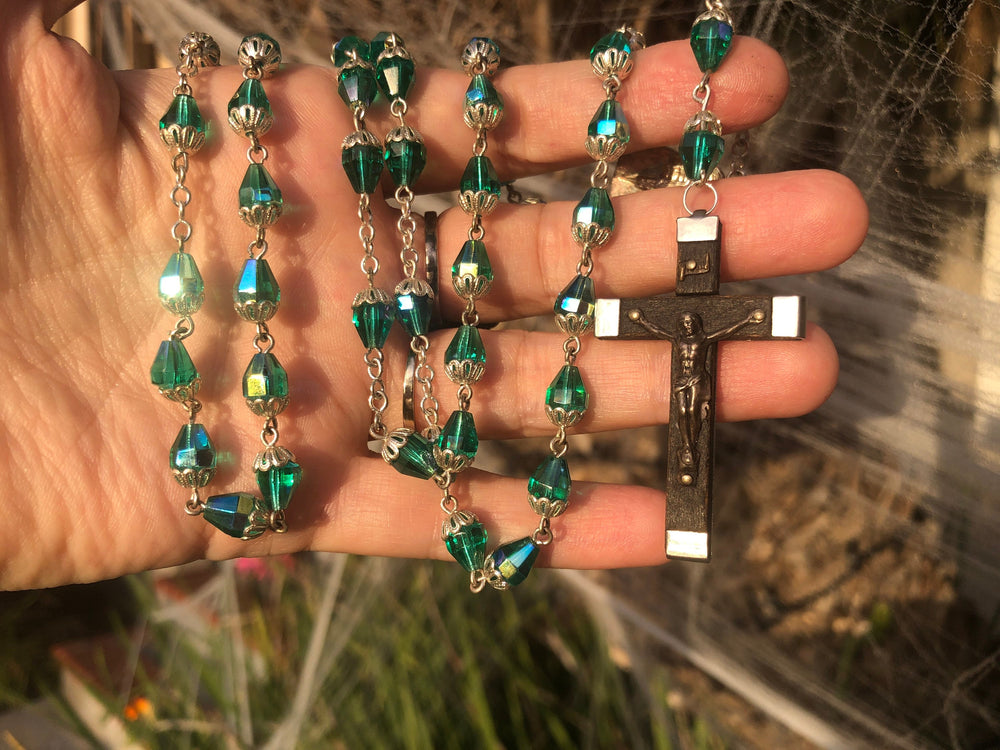 Vintage antique teal green blue faceted glass faceted crystal beaded rosary necklace Silver wood cross crucifix Art Deco Czechoslovakian ?