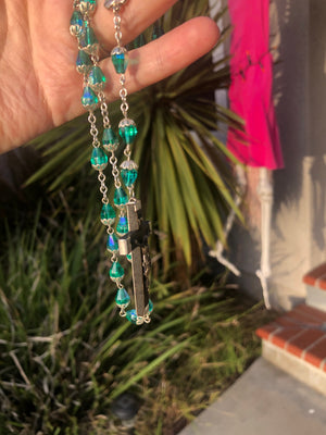 Vintage antique teal green blue faceted glass faceted crystal beaded rosary necklace Silver wood cross crucifix Art Deco Czechoslovakian ?