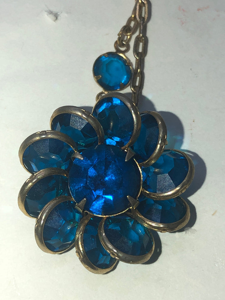 Rare Vintage antique Bezel set deep blue Swarovski? Crystals necklace  on gold filled chain with crystal flower absolutely stunning!!