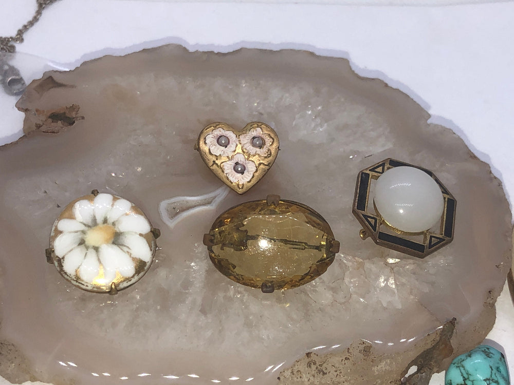 Victorian Edwardian Gold Fill Brooch Pins  Lot Antique Czechoslovakia Amber Glass Hand Painted Seed Pearls Enamel Art Deco Very Old C Clasps