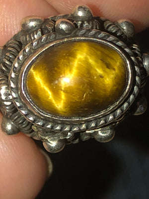 Gorgeous Antique Tiger's Eye Gemstone Sterling Silver Poison Snuff Ring Taxco Mexico RD Designer Rafael Dominguez PBE 925 Size 8