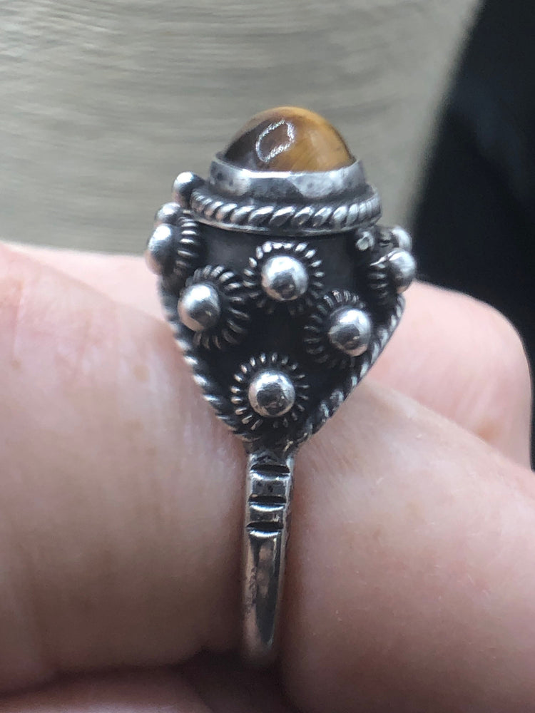 Gorgeous Antique Tiger's Eye Gemstone Sterling Silver Poison Snuff Ring Taxco Mexico RD Designer Rafael Dominguez PBE 925 Size 8